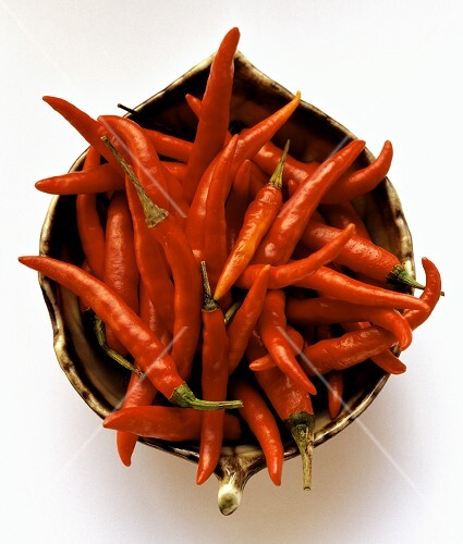 Red Thai Hot Peppers in Ceramic Bowl