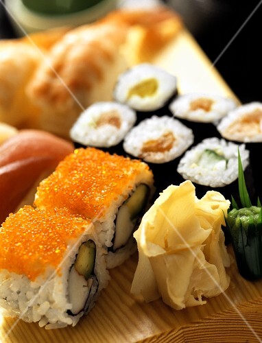 Assorted Sushi on a Wooden Board