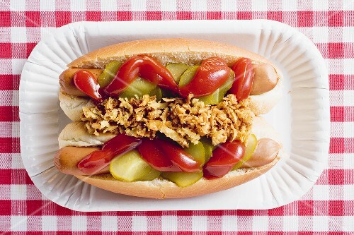 Two hot dogs on paper plate