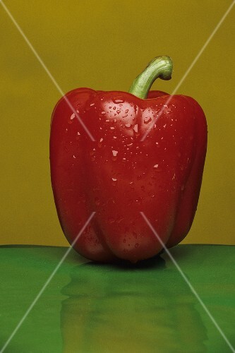 A red pepper with drops of water