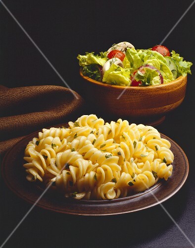 Rotini with Butter and Parsley, Bowl of Salad