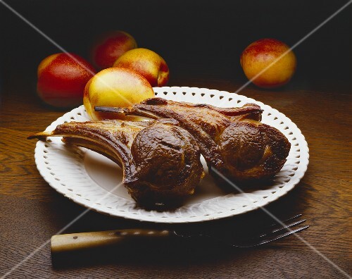 Lamb Chops on White Plate; Nectarines