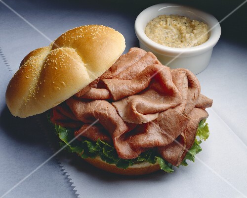 Deli Roast Beef Sandwich on a Kaiser Roll; Grainy Mustard