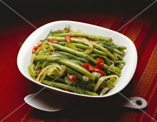 Green Beans with Onions and Red Peppers in Serving Bowl