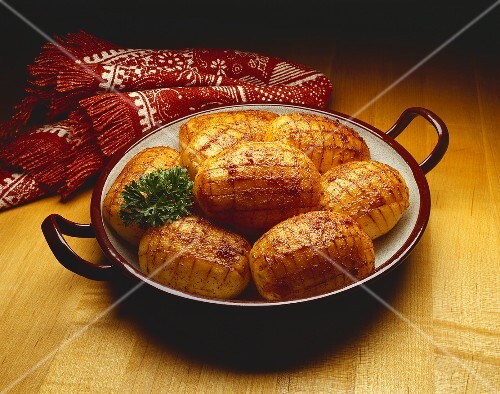Roasted Paprika Potatoes in Baking Dish; Parsley Garnish