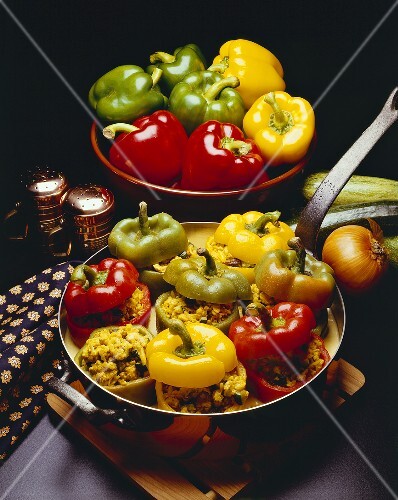 Curried Lamb Stuffed Bell Peppers in a Pan; Fresh Bell Peppers
