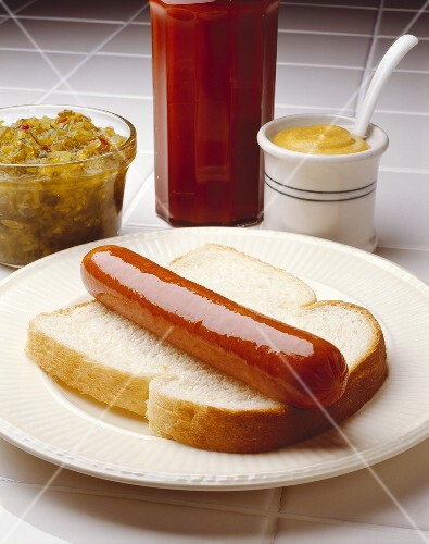 Hot Dog on a Slice of White Bread; Condiments