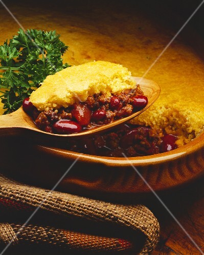 Chili Pie; Chili con Carne with Cornbread Topping; Spoonful