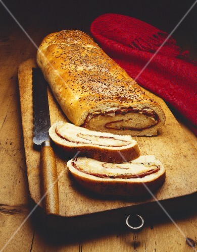 Reuben Stromboli Sliced on Cutting Board