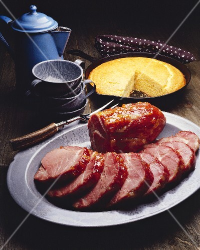 Smoked Sliced Pork Loin Glazed on Platter; Cornbread