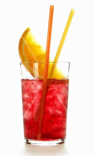 Campari Soda with wedge of orange in glass
