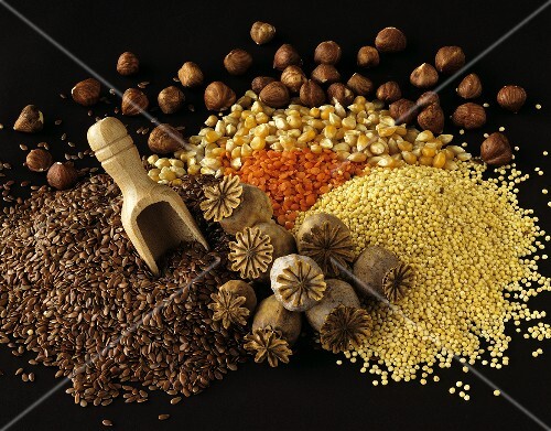 Still life with linseed, millet, poppy seeds etc.