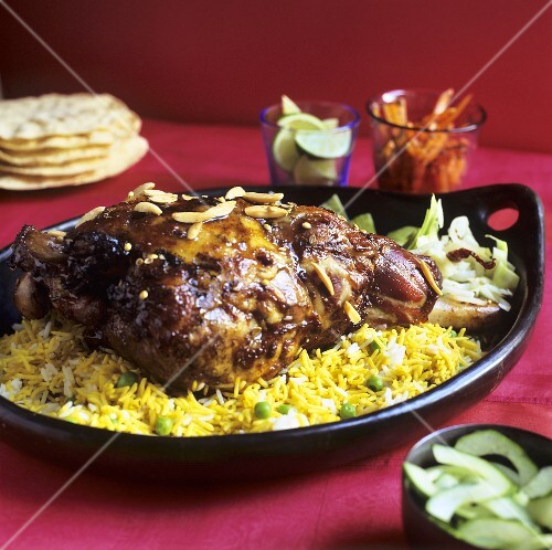 Roast lamb on curried rice