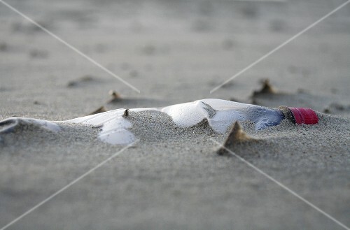 Eine Plastikflasche im Sand