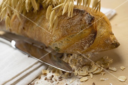 Wholemeal baguette with cereal ears and ingredients