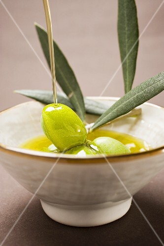 Pouring olive oil over olive sprig with green olives