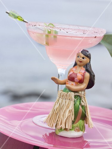 Pink cocktail with Hawaiian dancing girl