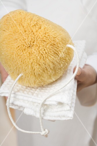 Hands holding bath sponge on white towel