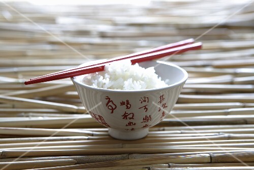 Rice in Asian bowl with chopsticks