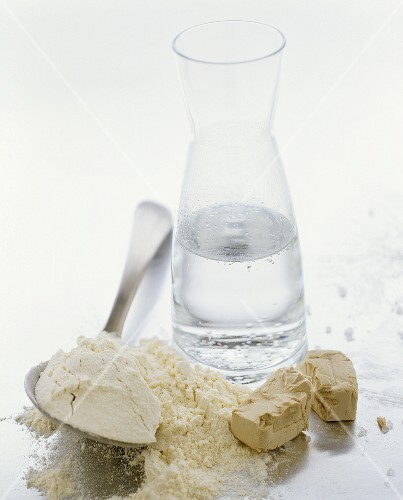 Ingredients for yeast dough: flour, water and yeast