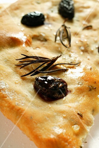 Focaccia with olives and rosemary (close-up)