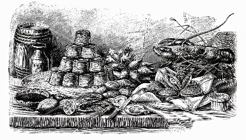 Buffet with pies and seafood (illustration)