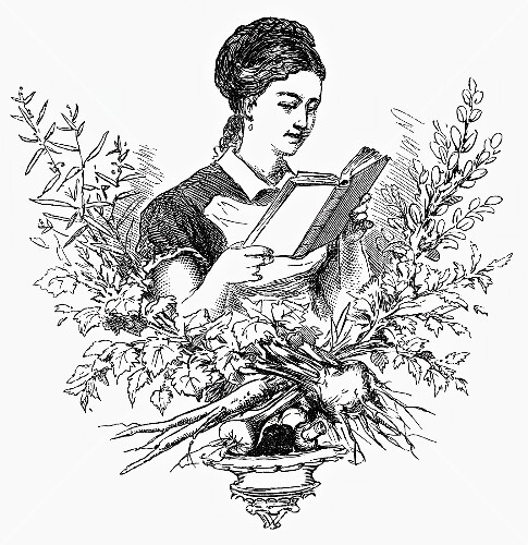 Woman with dictionary of cookery (illustration)