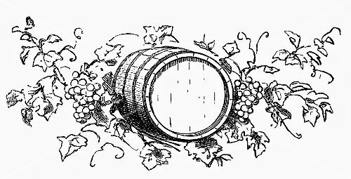 Wine barrel among grapes and vine leaves (illustration)