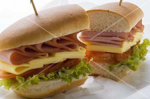 Sub sandwich, halved, on sandwich wrap