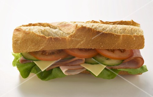 Baguette with ham, cheese, tomato, cucumber and lettuce