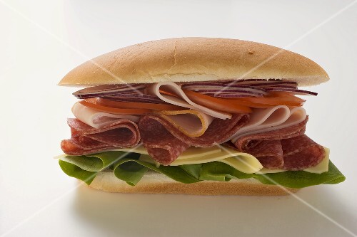 Salami, ham, cheese and salad sandwich