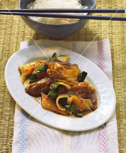 Asian beef and vegetable dish with rice
