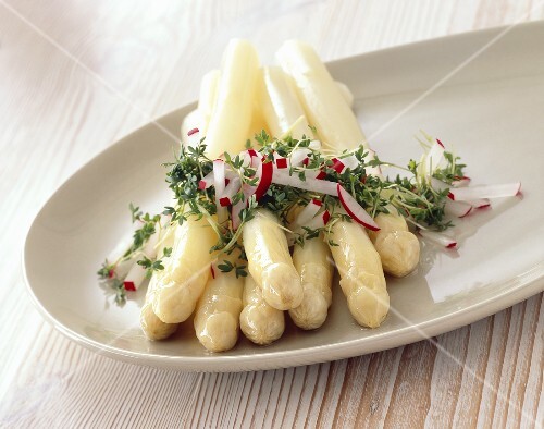 White asparagus with cress and radish vinaigrette