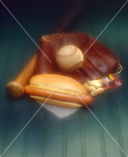 Hot Dog on a Bun with Mustard; Baseball Glove, Bat and Ball