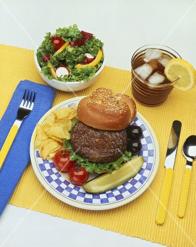 Hamburger with Pickle and Chips; Side Salad and Iced Tea