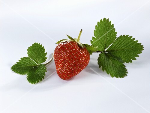 A strawberry with leaves