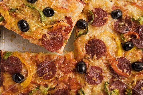 Salami pizza with peppers and olives