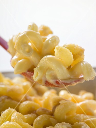 Macaroni cheese on a spoon