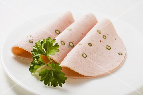 Three slices of Pfefferwurst (pepper sausage)