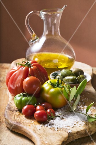 Fresh tomatoes, olives, salt and olive oil
