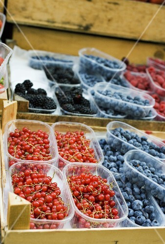 Various types of berries in plastic punnets at a market