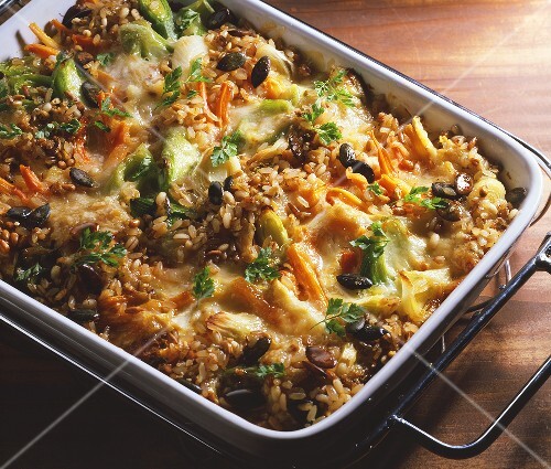 Whole food casserole of brown rice, wheat grains, leek etc