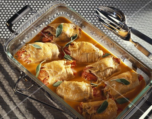 Veal stuffed with vegetables in a roasting pan