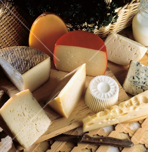 Cheese still life (hard, semi-hard, soft, blue and fresh cheeses)