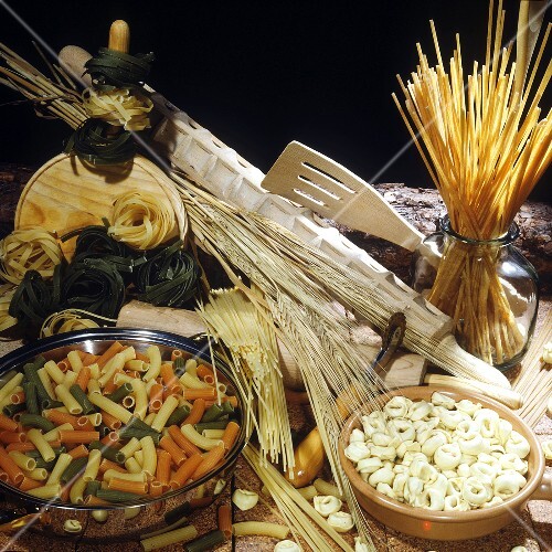 Pasta still life: rigatoni, tortellini, spaghetti, tagliatelle