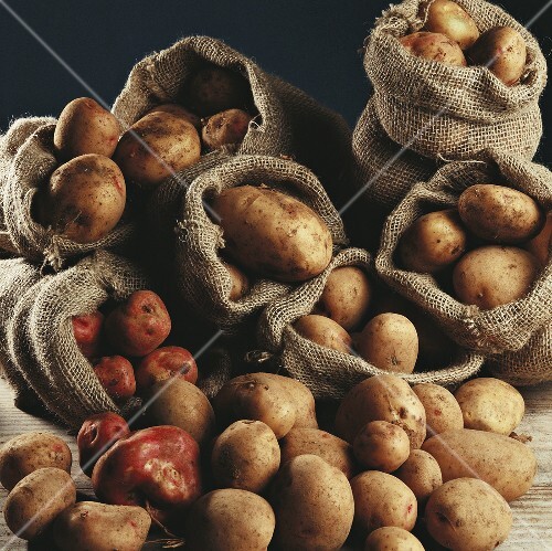 Burlap Bags Filled with Assorted Potatoes