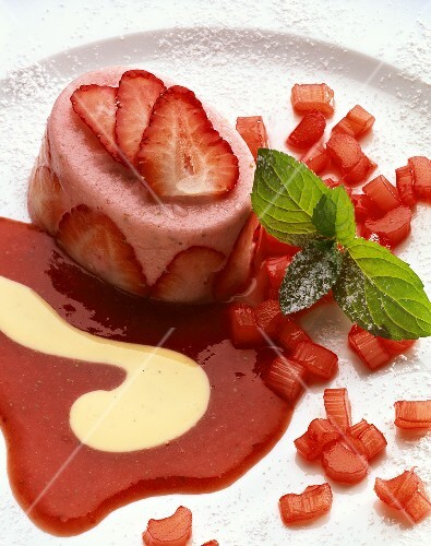Strawberry terrine with strawberry & rhubarb sauce & custard
