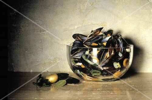 Cooked Blue Mussels in Glass Bowl