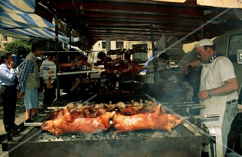 Spanferkel am Spiess über dem Grill auf italienischem Mark
