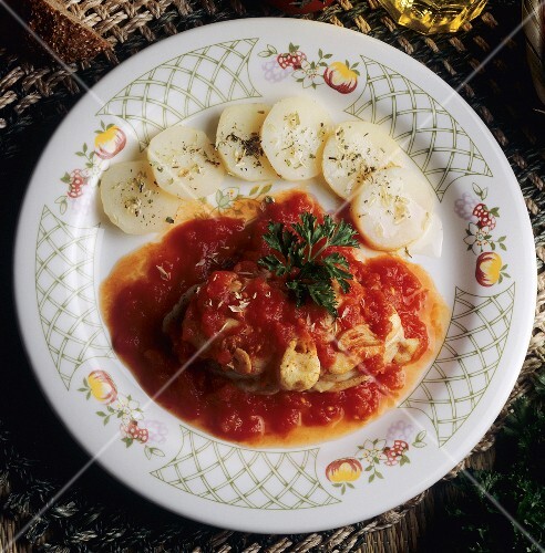 Seeteufelfilets mit Tomatensauce & Kartoffeln auf Teller